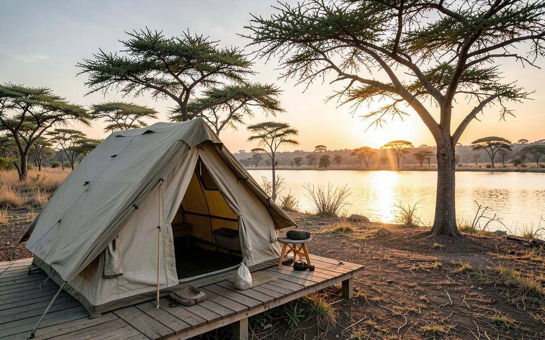 Illustrative lakeside tented lodge setting