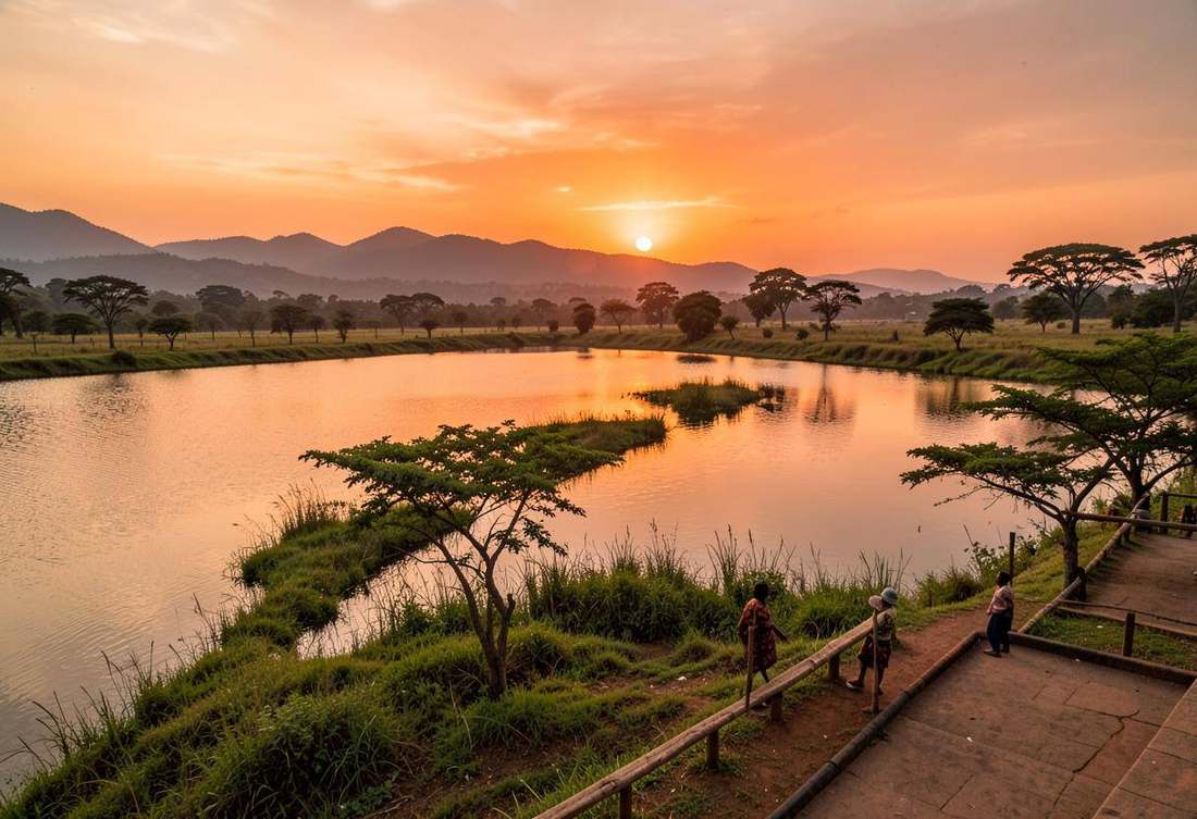 Sunset over Lake Muhazi with a grassy shoreline