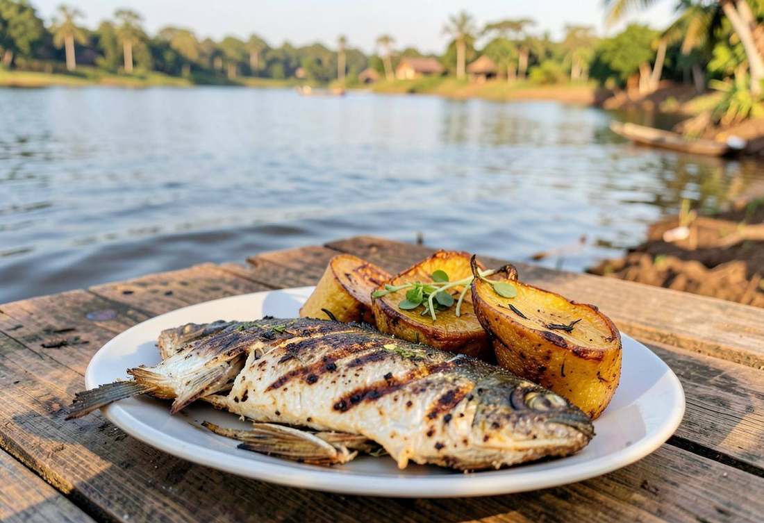 Grilled tilapia and roast plantain on a lakeside table