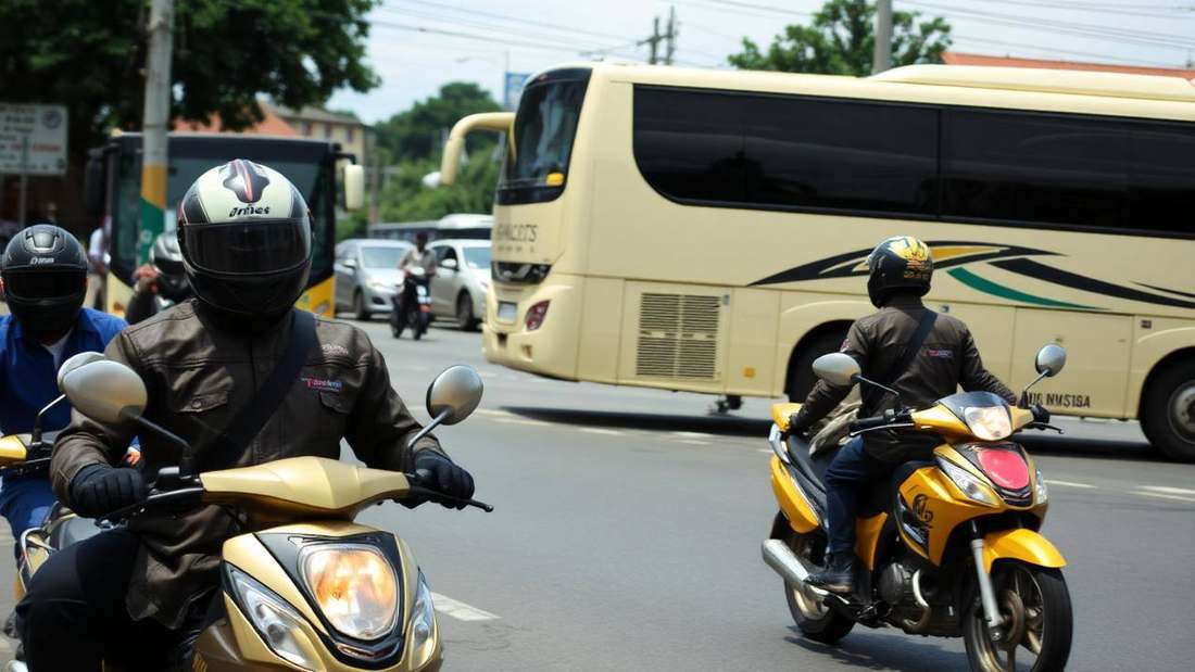 Moto-taxi riders and a coach bus on a Kigali street