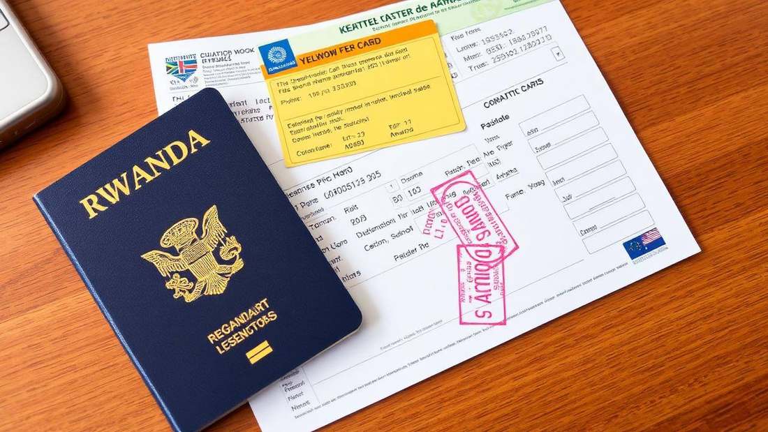 Passport and travel documents prepared for a journey to Rwanda