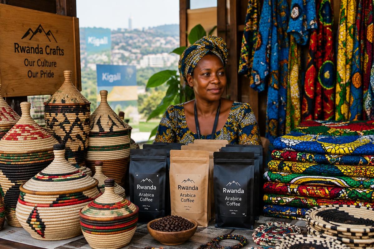 A Kigali market stall with woven baskets, Rwandan coffee and kitenge fabric