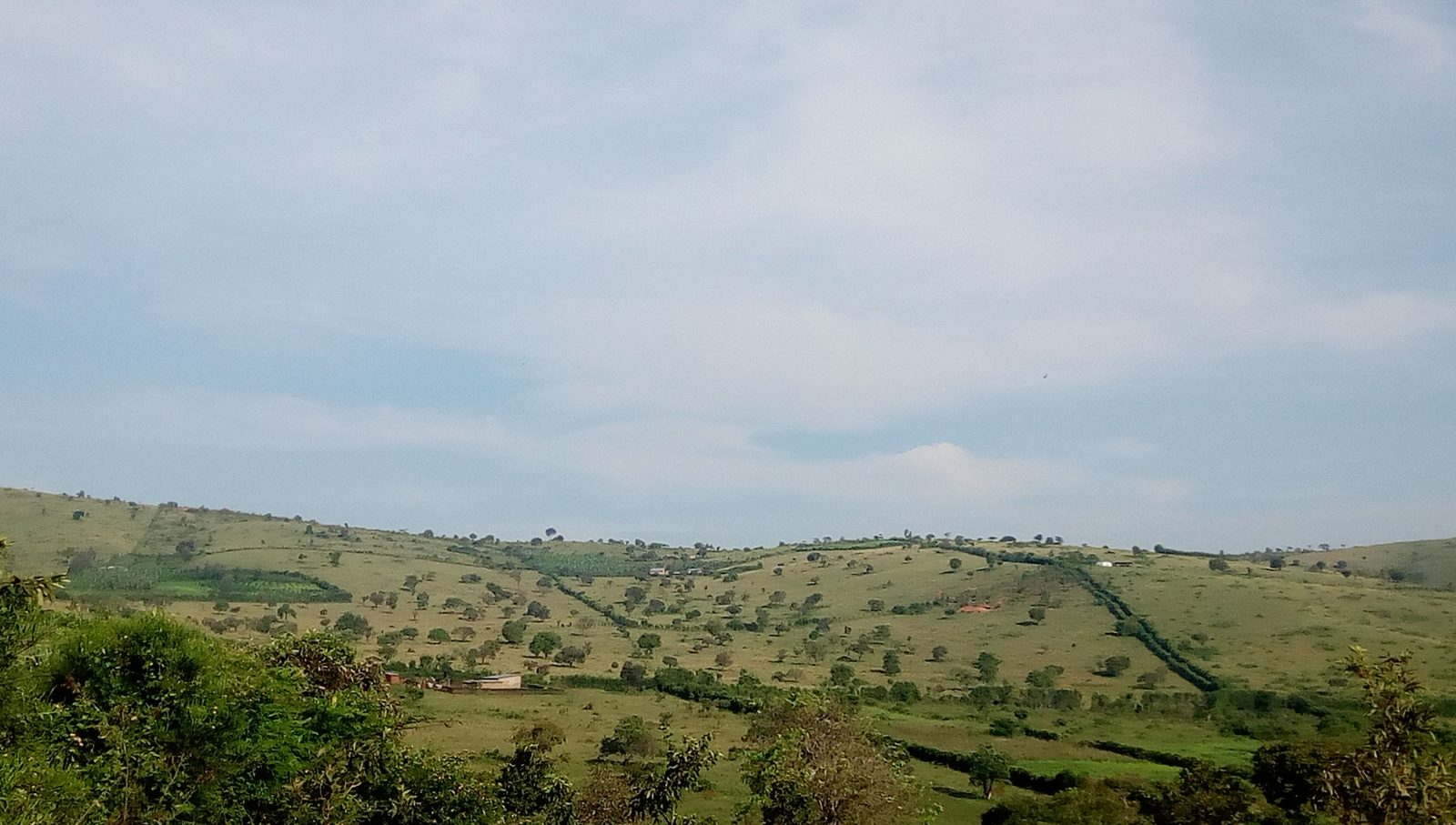 Rain clouds gathering over green volcano slopes and farmland
