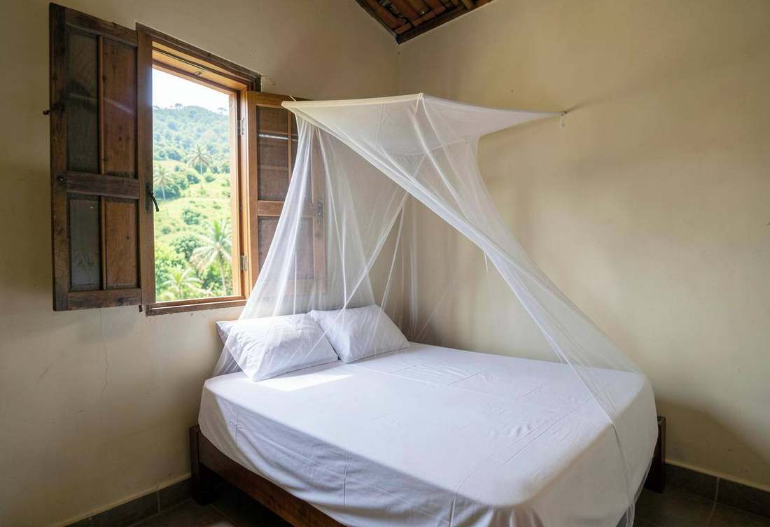 Simple Rwandan guesthouse room with a mosquito net and hillside view