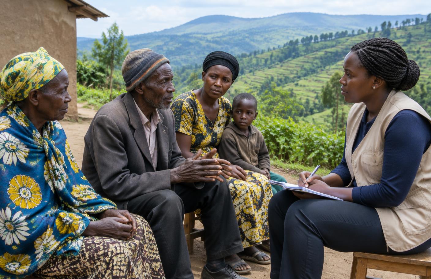 A community support officer listening to residents in rural Rwanda