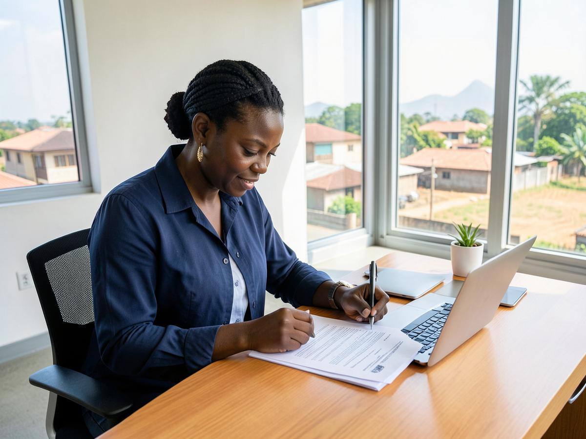 Rwandan entrepreneur preparing company documents in Kigali