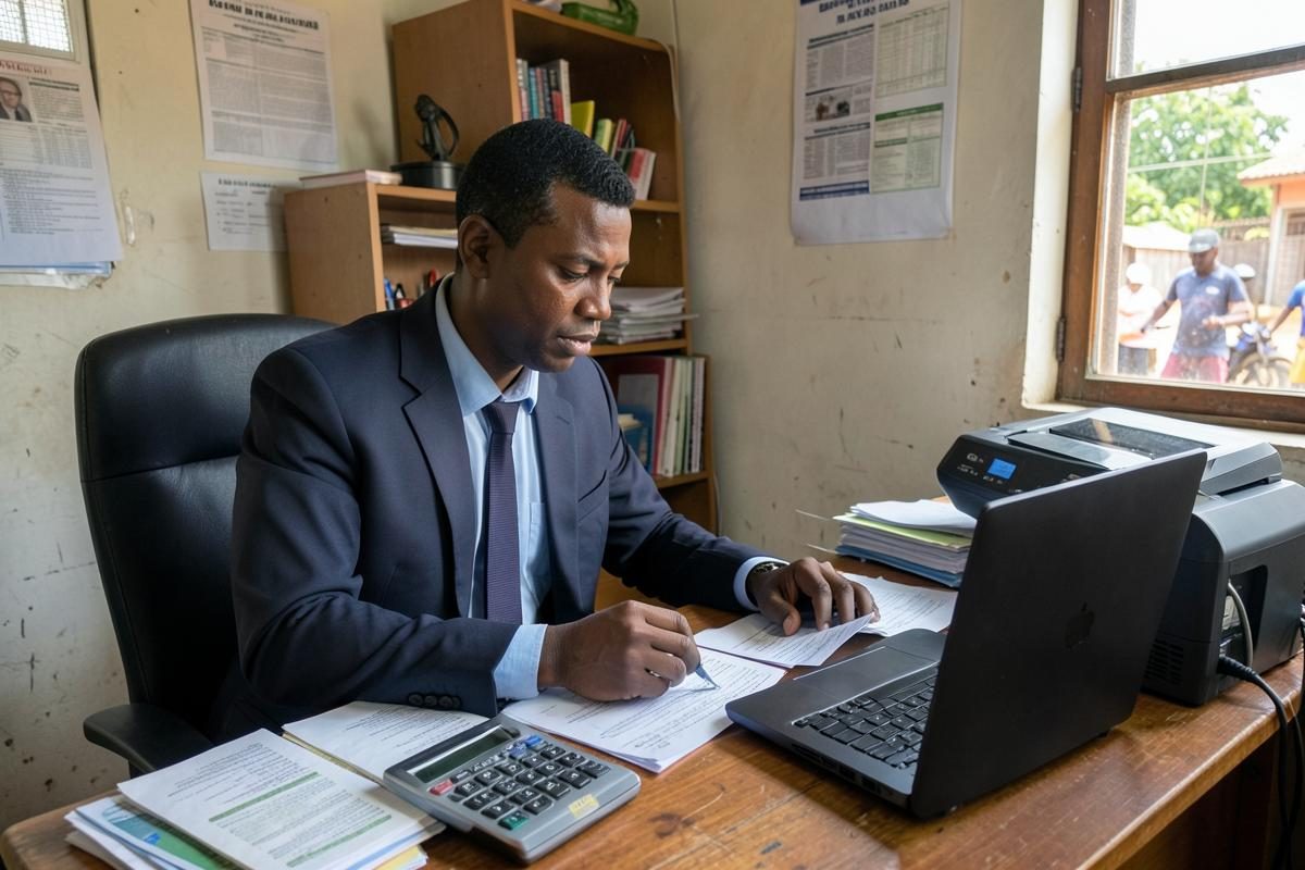 Rwandan accountant working through invoices and receipts in a small office