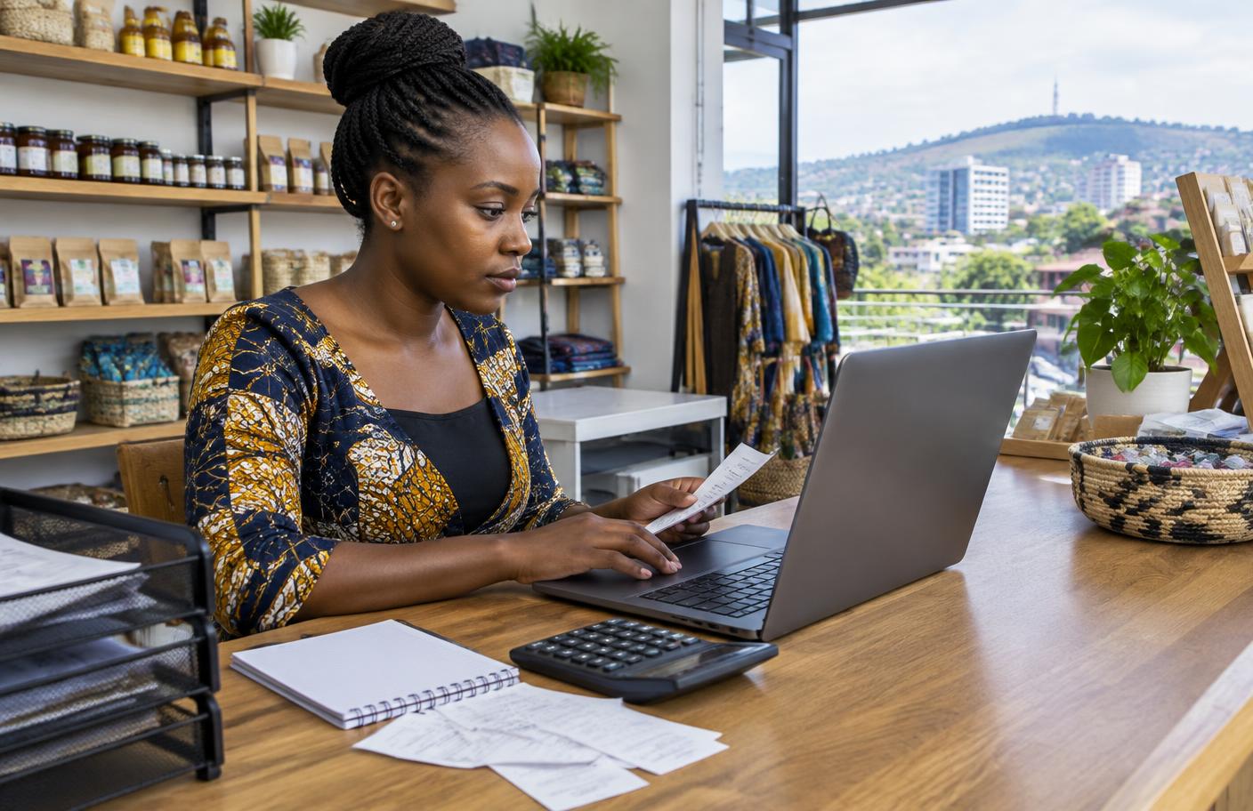 A small business owner reviewing records on a laptop in Kigali