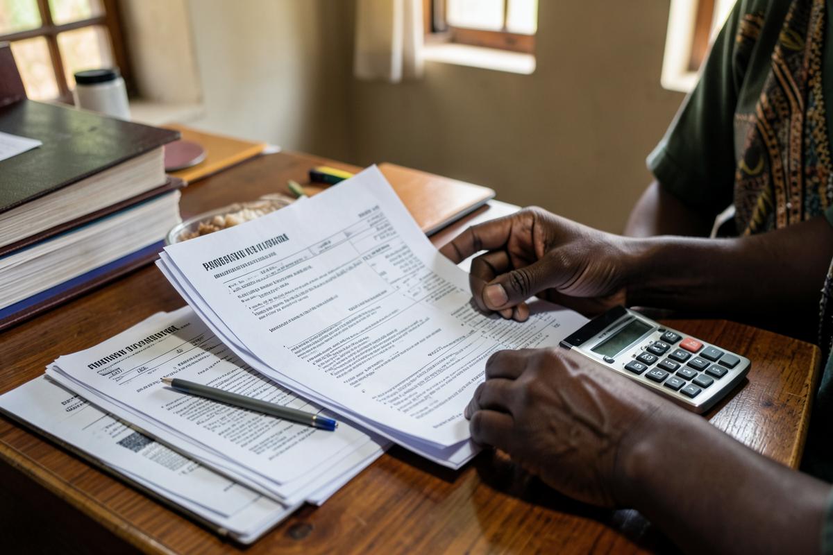 Property paperwork and a calculator laid out on a wooden desk