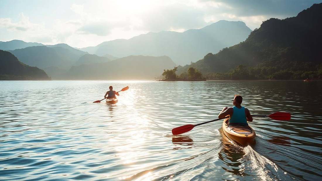 Kayakers paddling on Lake Kivu below green hills