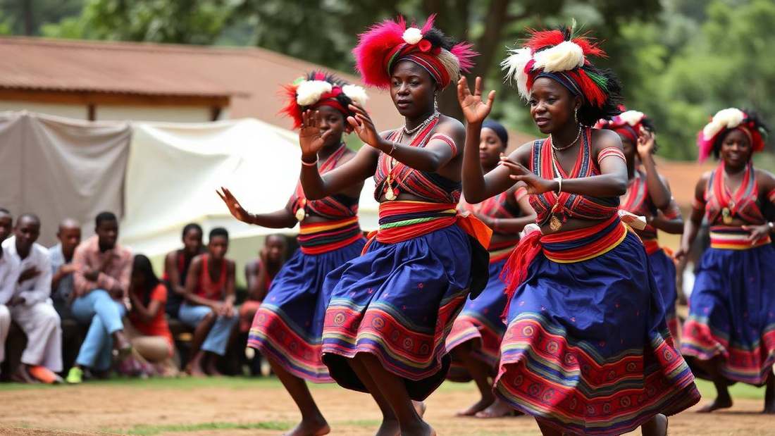Intore dancers performing in traditional Rwandan costume