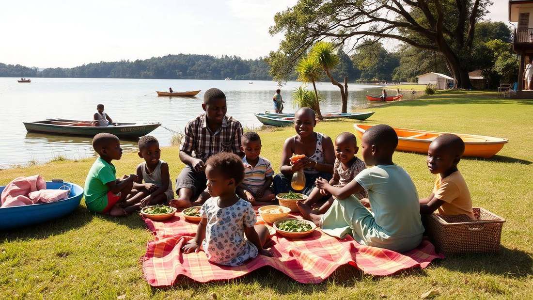 Family picnicking on a lakeside lawn in Rwanda