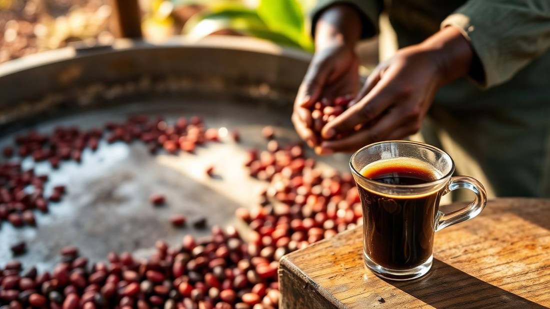 Hands sorting red coffee cherries beside a cup of Rwandan coffee