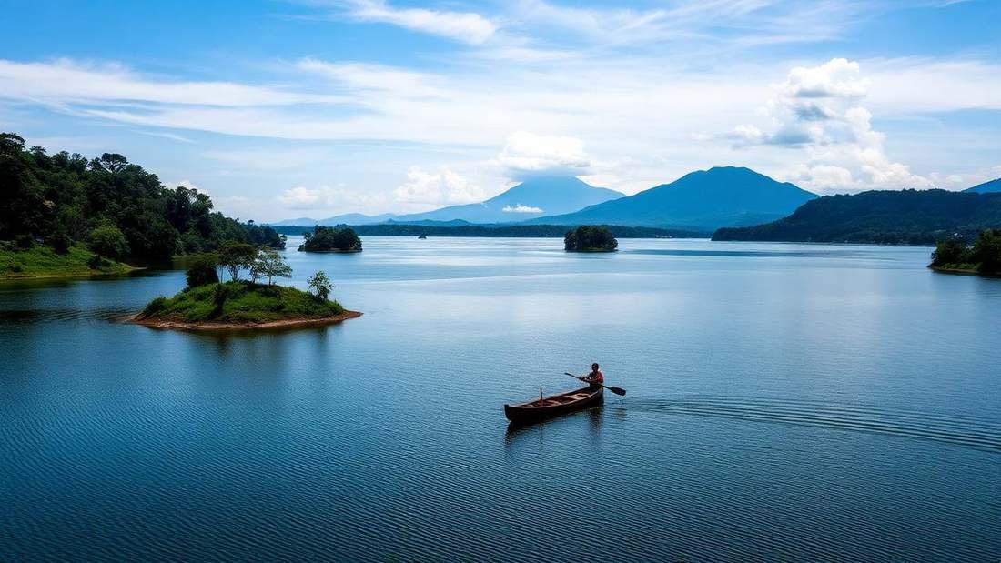 Canoe on the Twin Lakes with volcanoes on the horizon