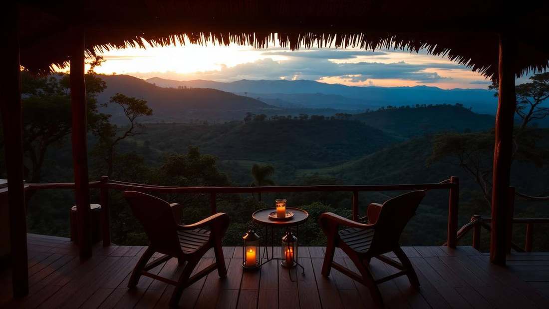 Lodge terrace with two chairs overlooking Rwandan hills at sunset