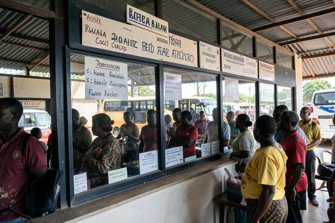 Passengers queuing at bus company ticket windows with destination boards above