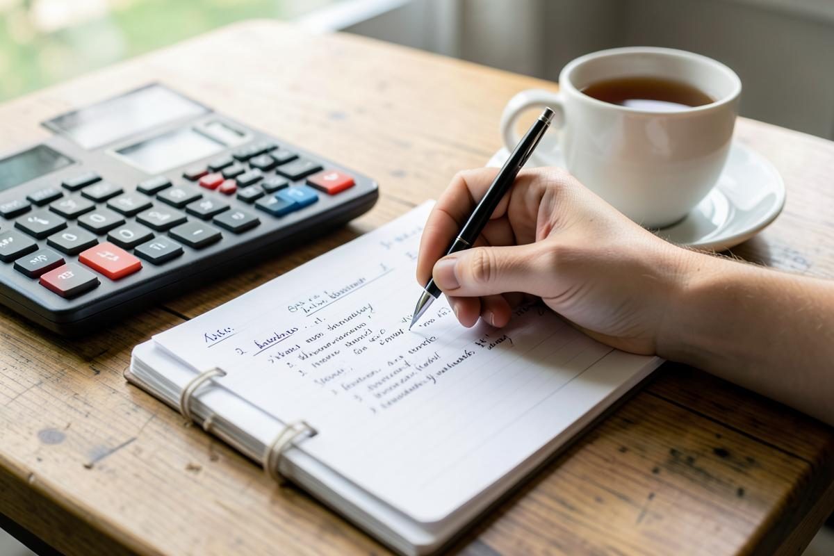 Hands writing a business plan in a notebook beside a calculator