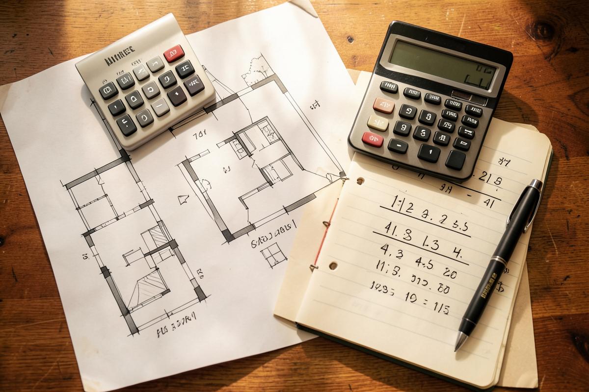 A house floor plan, a notebook of figures and a calculator on a desk