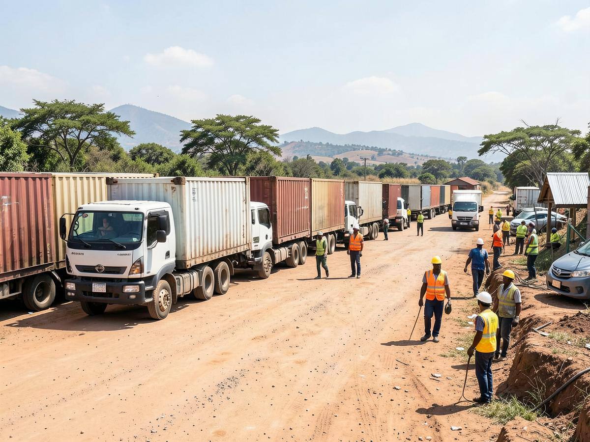 Cargo trucks moving through a regional logistics yard in Rwanda