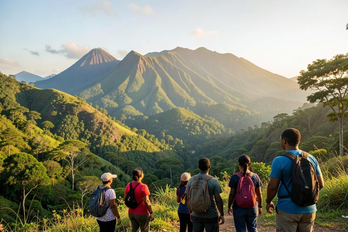 Travellers looking across Rwanda's volcanic highlands