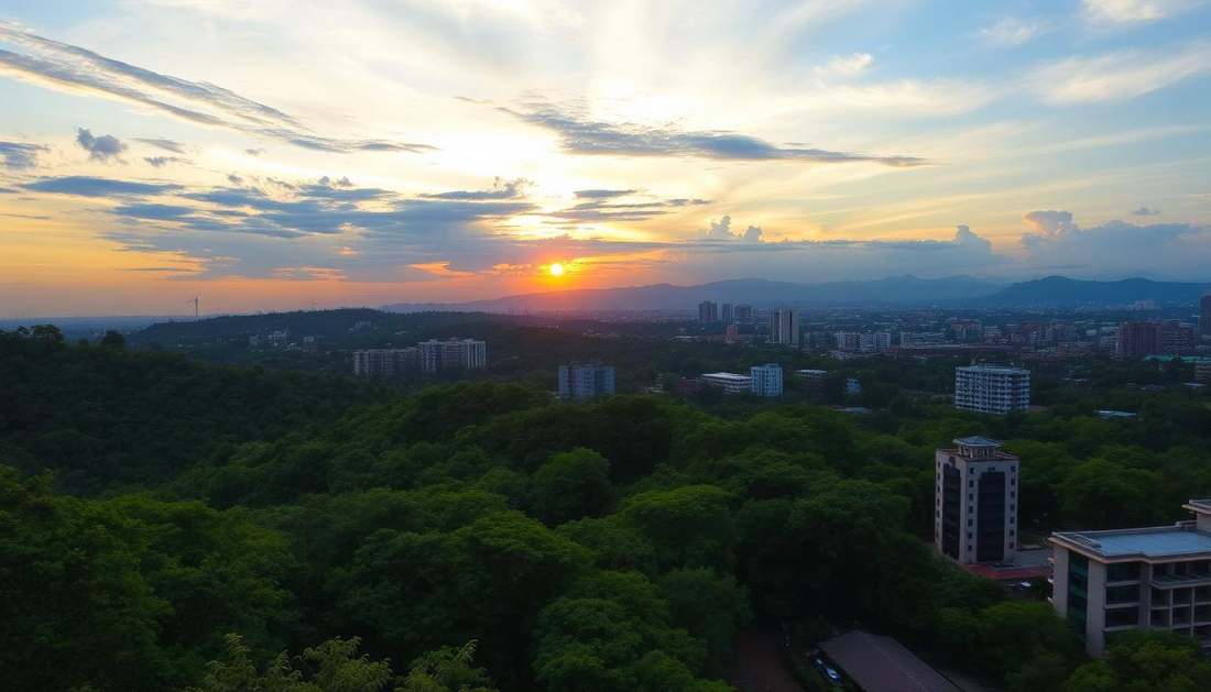Kigali rooftops and hills glowing at sunset over the city centre