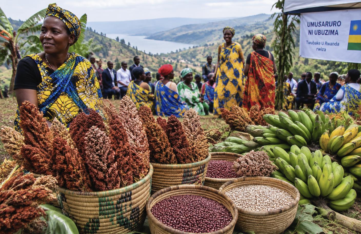 Baskets of sorghum, beans and bananas at a hillside harvest gathering