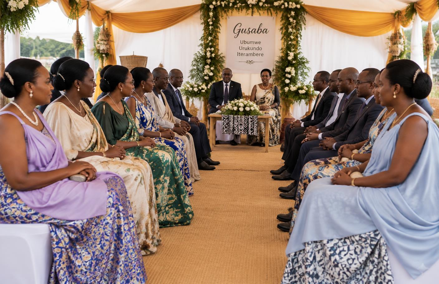 Two families facing each other at a gusaba ceremony, women in umushanana