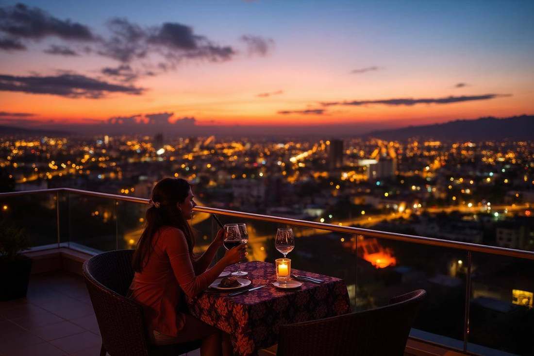 A candlelit table for two overlooking a valley of Kigali lights