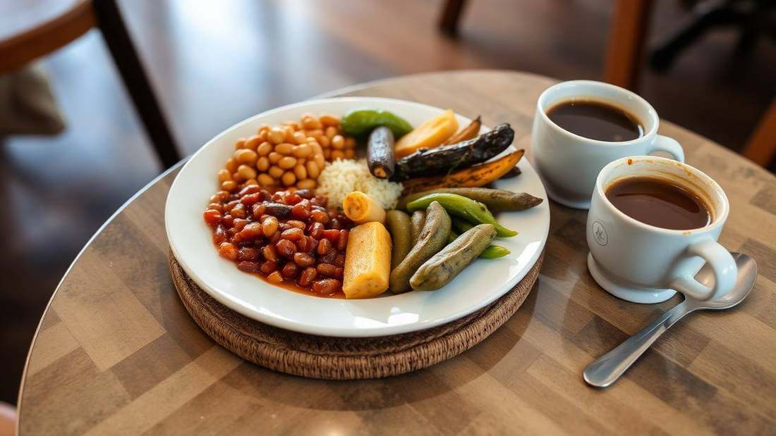 Rwandan buffet lunch plate beside a cup of coffee