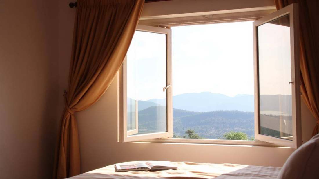Bright guesthouse room with a view over the hills