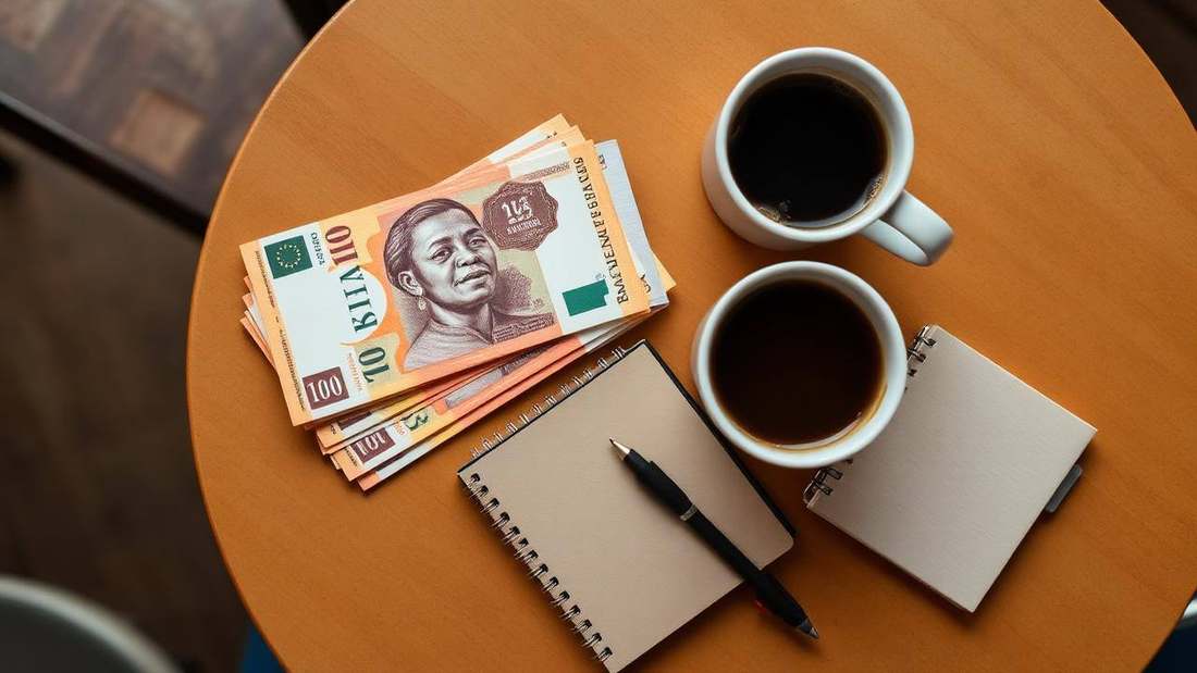 Rwandan franc banknotes, coffee and a notebook on a cafe table